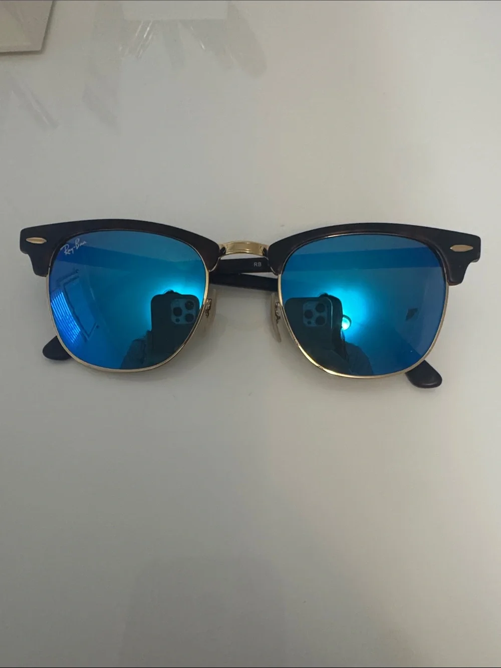 Ray-Ban Clubmaster Sunglasses — Black Frame with Blue Mirror Lenses
